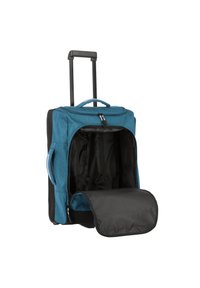 Rollen-Koffer mit einem türkisfarbenen Stoffbezug und schwarzen Akzenten. Verfügt über eine mit Reißverschluss geschlossene Fronttasche und ein geräumiges schwarzes Innere.