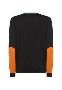 Maglione nero con dettagli testurizzati arancioni sulle maniche e colletto verde. Design semplice a maniche lunghe senza ulteriori motivi.