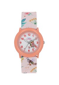 Rosa Stoffarmband mit Blumenmuster, rundes oranges Gehäuse, weißes Zifferblatt mit roten Zahlen und silbernen Zeigern. Dekorative Bilder auf dem Zifferblatt.