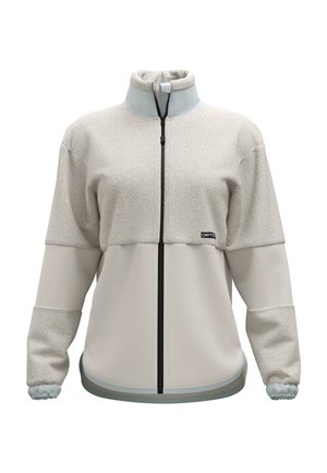 Helles beiges Reißverschluss-Jackett mit hohem Kragen, kontrastierenden strukturierten Einsätzen, elastischen Bündchen und einem kleinen Logo auf der Vorderseite. Glatte Stoffdetails.