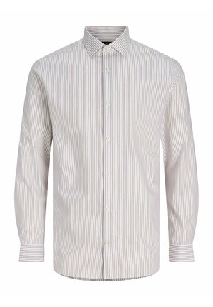 Langärmliges Hemd in hellbeige mit dünnen vertikalen Streifen. Verfügt über einen spitzen Kragen, eine Knopfleiste vorne und Standardmanschetten. Baumwollähnliche Textur.