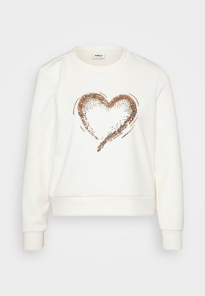 Hvid sweatshirt med et metallisk rosegold palædesign i form af et hjerte foran, ribbede ærmer og talje, samt en klassisk rund hals.