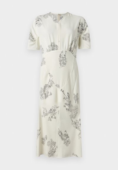 Midi φόρεμα σε κρεμ χρώμα με κοντά μανίκια, μοτίβα λουλουδιών σε γραμμικό σχέδιο και στρογγυλή λαιμόκοψη με φερμουάρ στο πίσω μέρος.