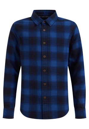 Blau-schwarz kariertes Langarmhemd mit durchgehender Knopfleiste und klassischem Kragen.