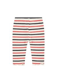 Gestreepte legging met een crèmekleurige basis, voorzien van horizontale marineblauwe, rode en koraalkleurige strepen. Zachte geribbelde textuur met golvende zomen.