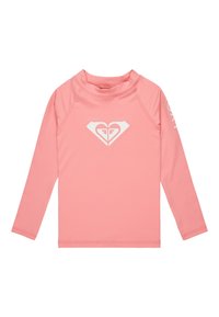 Pitkähihaine rash guard vaaleanpunaisena, valmistettu joustavasta kankaasta. Rinnassa valkoinen sydänkuvio ja hihassa logo.