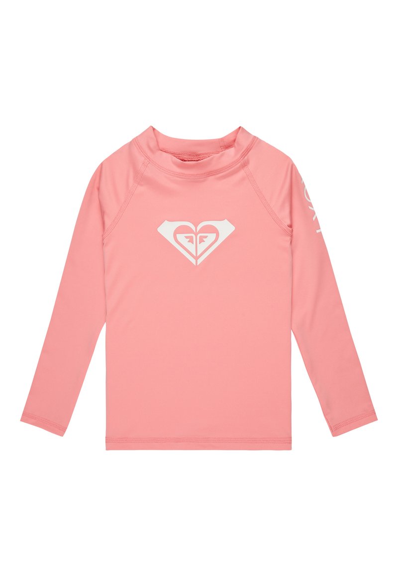 Pitkähihaine rash guard vaaleanpunaisena, valmistettu joustavasta kankaasta. Rinnassa valkoinen sydänkuvio ja hihassa logo.
