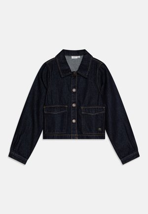 Dark blue denim jacket with long sleeves, a collared neck, front button closure, and two chest pockets. Features contrasting stitching.
