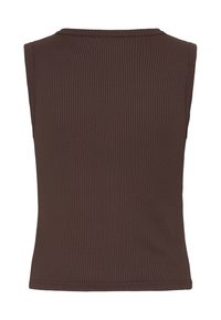 Débardeur en maille côtelée sans manches de couleur brun foncé, avec un décolleté carré et une silhouette ajustée.