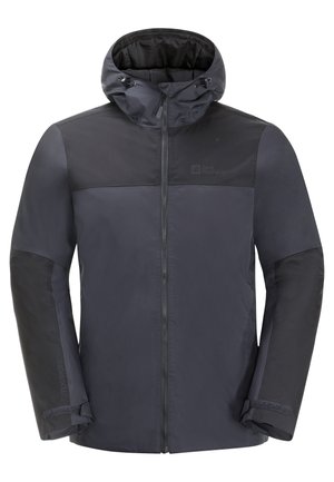 Kurtka wodoodporna w ciemnoszarym kolorze z zapięciem na zamek, regulowanym kapturem i kontrastowymi czarnymi panelami; charakteryzuje się gładką teksturą oraz detalem z logo.