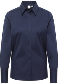Marineblå skjorte med knapper, klassisk krave, lange ærmer og et glat bomuldsblandingsstof; har et enkelt, minimalistisk design uden mønstre.