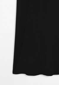 Black fabric panel with a straight hemline on a white background, showing smooth texture and slight folds.