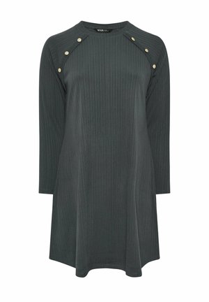 Túnica de manga larga de color gris oscuro con detalle de canalé, con botones dorados a lo largo de las costuras de los hombros y un escote redondo.