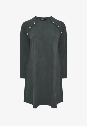 Donkergrijze geribbelde lange mouwen tuniekjurk met gouden knopen langs de schoudernaden en een ronde halslijn.