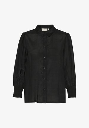 Sort bluse med krave, knaplukning foran, lange pufærmer med samlede manchetter og en glat, blank stoftekstur.