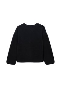 Sweatshirt en polaire noir avec un col rond, des manches longues et une surface texturée. Coupe simple et décontractée sans matériel ou accents visibles.