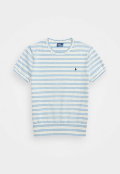 Polo Ralph Lauren STRIPED SHORT SLEEVE SWEATER - Potiskana majica - pond blue heather/deckwash white