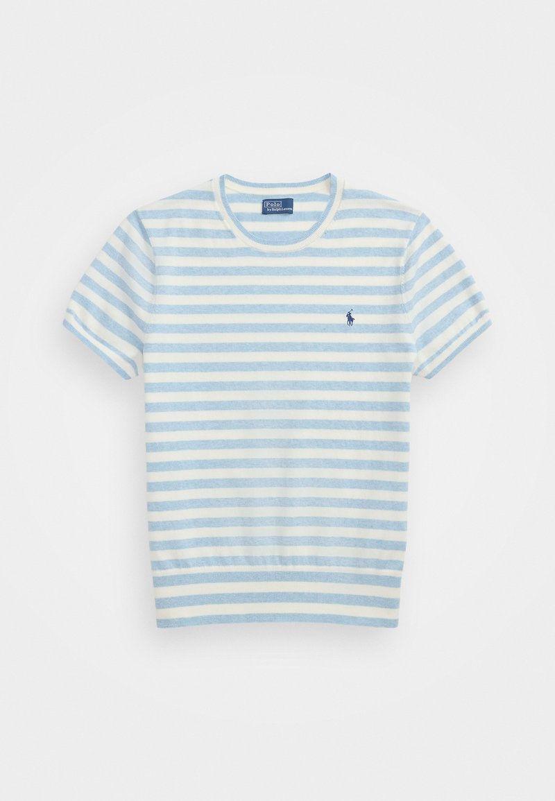 Polo Ralph Lauren STRIPED SHORT SLEEVE SWEATER - Marškinėliai su spaudiniu - pond blue heather/deckwash white