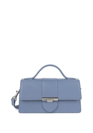 Light blue leather handbag with a structured design, top handle, and detachable shoulder strap. Features a flap closure and silver hardware.