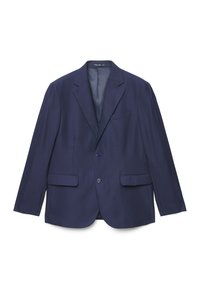 Marineblauer Blazer aus strukturiertem Stoff, mit Revers mit Kerbe, zwei Fronttaschen und einem Einzelknopfverschluss. Das Innenfutter ist vorhanden.