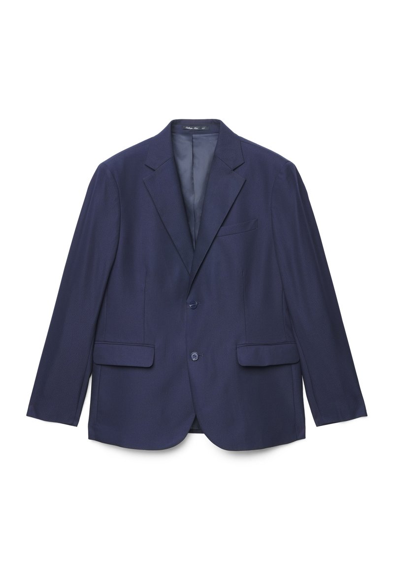 Marineblauer Blazer aus strukturiertem Stoff, mit Revers mit Kerbe, zwei Fronttaschen und einem Einzelknopfverschluss. Das Innenfutter ist vorhanden.