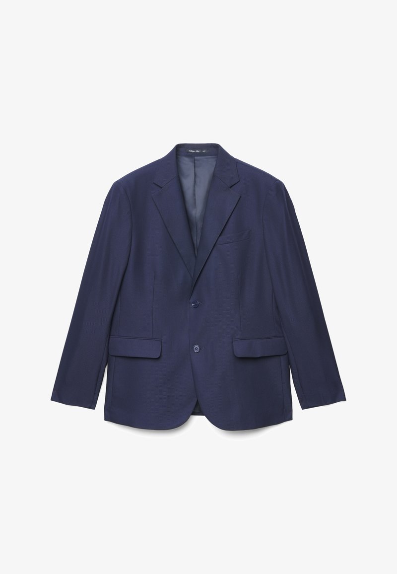 Marineblauer Blazer aus strukturiertem Stoff, mit Revers mit Kerbe, zwei Fronttaschen und einem Einzelknopfverschluss. Das Innenfutter ist vorhanden.