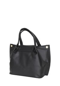 Borsa sintetica nera con finitura testurizzata, due manici corti e dettagli in metallo dorato. Forma rettangolare compatta.