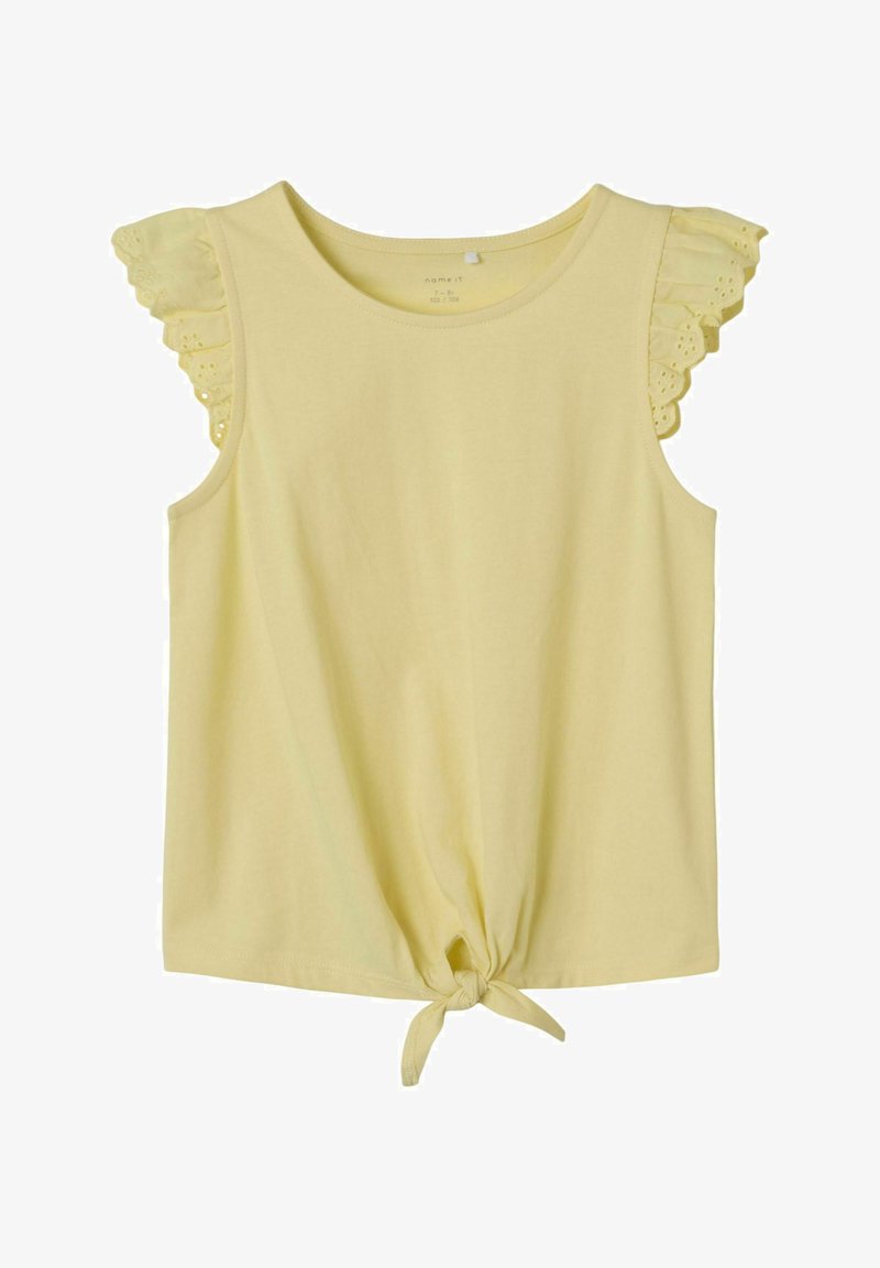 Gelbes ärmelloses Oberteil mit gerüschten Spitzenärmeln und einem geknoteten Frontdetail. Hergestellt aus weichem Stoff, der eine entspannte Passform bietet.