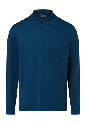 Langärmeliges, marineblaues Poloshirt mit drei Knöpfen und einer Brusttasche, präsentiert vor einem schlichten weißen Hintergrund.