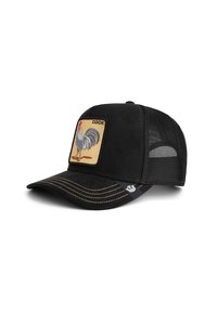 Crna trucker kapa s prednjim dijelom od antilopa, s smešnim vezenim patch-em pijetla i mrežastim stražnjim dijelom. Bijelo šivanje duž obruba.