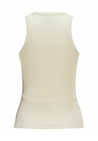 Beige ribbet tanktop med en tætsiddende silhuet, scoop-hals og brede skulderstropper. Glat tekstur med et strækbart stof.