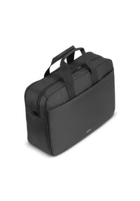 Schwarze rechteckige, weiche Laptoptasche mit doppelten Griffen und vorderem Reißverschlussfach auf weißem Hintergrund.