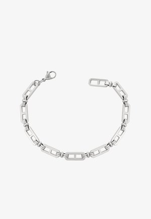 Silberarmband mit verbundenen rechteckigen und ovalen Formen in polierter Ausführung, sicherem Karabinerverschluss und filigranen Verbindungselementen.