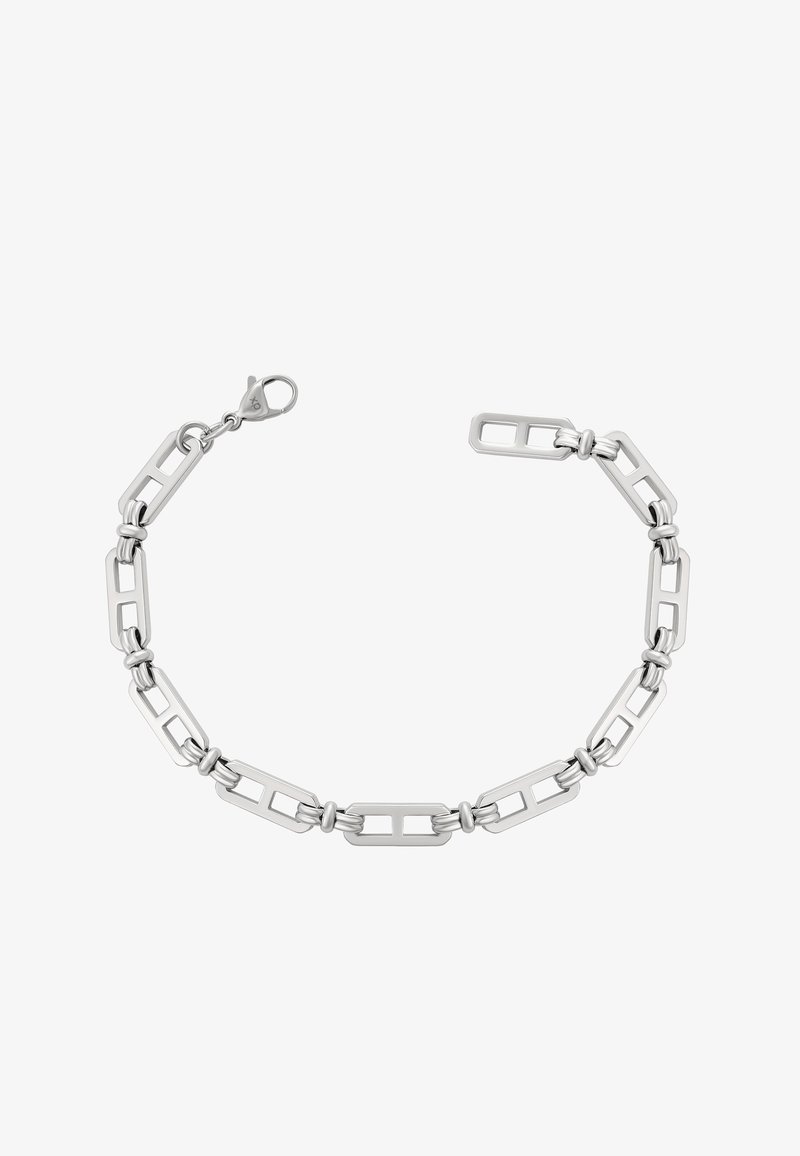 Stříbrný náramek se spojenými obdélníkovými a oválnými tvary s lesklým povrchem, bezpečným zapínáním na karabinu a jemnými detaily spojky.