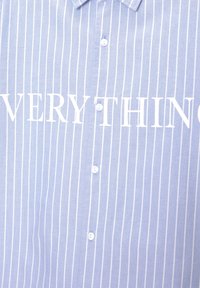 Ljusblå knapp-up skjorta med vertikala vita ränder och stor vit text som säger "EVERYTHING" över bröstet. Slät tygtextur.