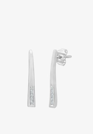 Srebrne wydłużone kolczyki o eleganckim kształcie, z rzędem małych przezroczystych kryształków wzdłuż jednej strony dla dodatkowego efektu.