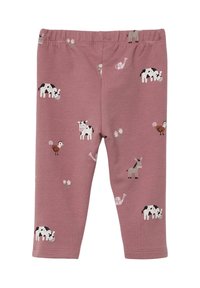 Legginsy bawełniane w kolorze przybrudzonego różu z wielobarwnymi wzorami zwierząt, w tym krowami, osłem i pisklakiem, z białymi kwiatowymi akcentami.