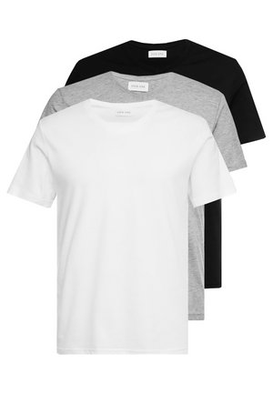 Drei kurzärmlige T-Shirts in Weiß, Grau und Schwarz. Aus Baumwolle gefertigt, verfügen sie über einen Rundhalsausschnitt und eine glatte Textur mit minimalem Branding.