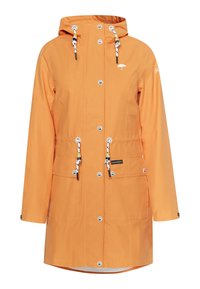 Imperméable orange avec capuche, cordons réglables, boutons pression, deux poches avant et détail de logo sur la poitrine.