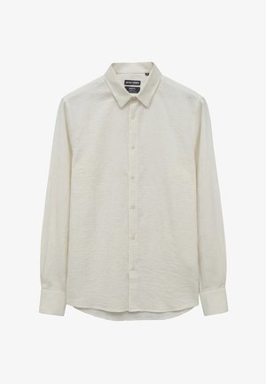 Langarm crème gekleed overhemd met knopen, kraag, gestructureerde stof en merkembleem bij de halslijn.