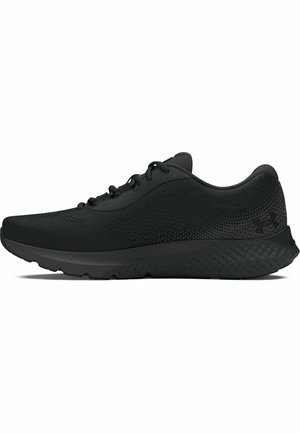Chaussures de sport noires avec une tige en maille respirante, design texturé, bout arrondi et une semelle rembourrée avec un motif en vagues.