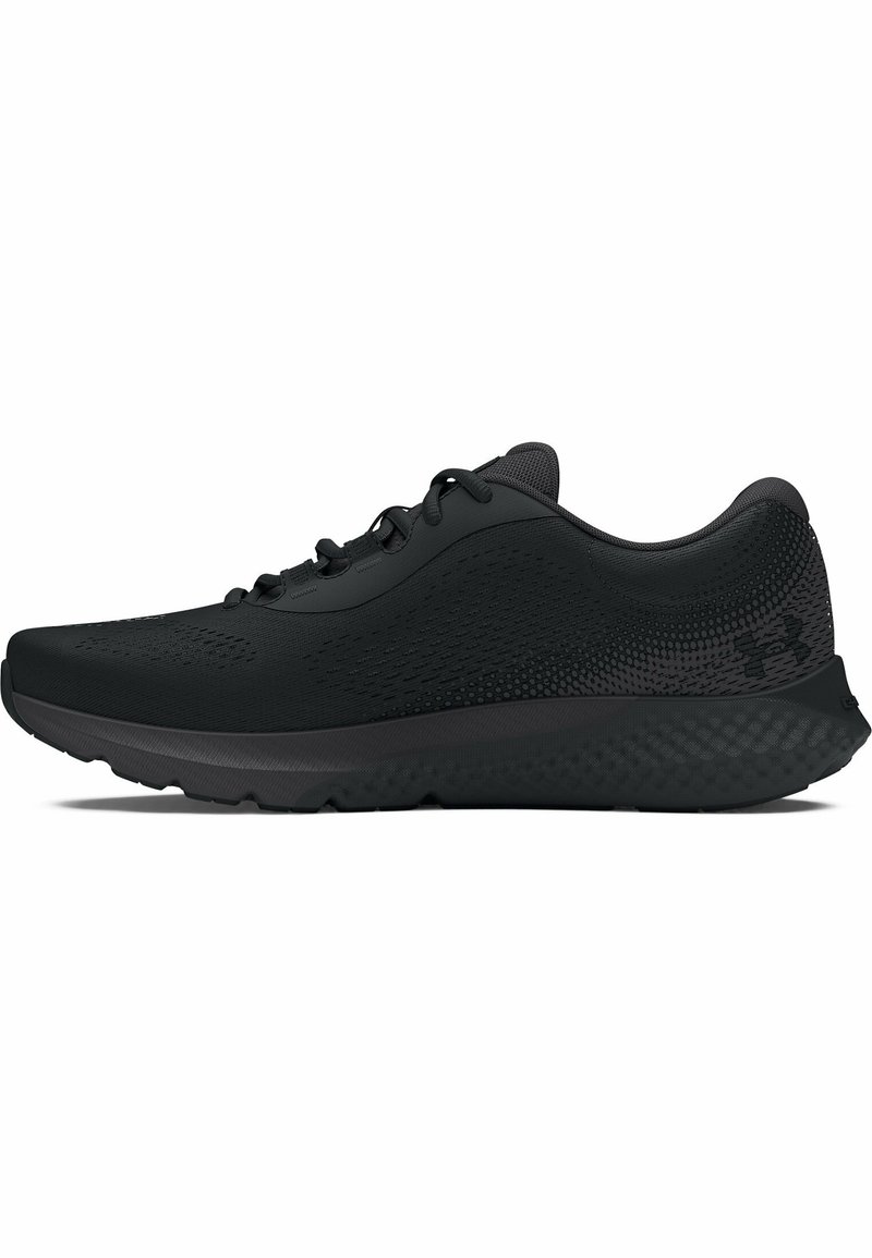 Chaussures de sport noires avec une tige en maille respirante, design texturé, bout arrondi et une semelle rembourrée avec un motif en vagues.