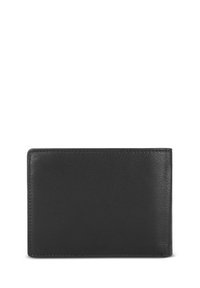 Black leather wallet with a smooth texture, rectangular shape, and clean edges, featuring minimal stitching and no visible hardware.