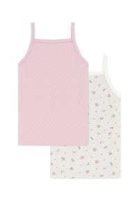 Δύο αμάνικα μπλουζάκια: το ένα ροζ με υφασμάτινο μοτίβο, το άλλο λευκό με μικρό λουλουδάτο σχέδιο. Και τα δύο έχουν λεπτές τιράντες και απαλό ύφασμα.