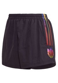 Černé sportovní šortky s elastickým pasem. Mají barevné pruhované detaily a gradientní logo na levé dolní straně.