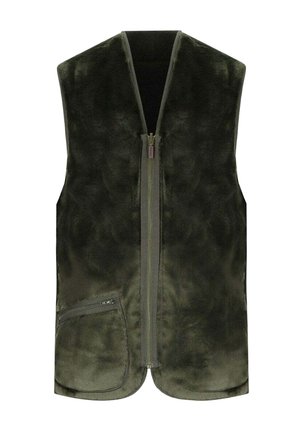 Dark green sleeveless fleece vest with front zipper and a zippered pocket on the lower left side.