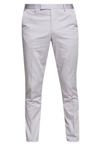 Světle šedé kalhoty s přizpůsobeným střihem, hladkou texturou, slim fit a plochým předním dílem. Mají pás s poutky a boční kapsy.
