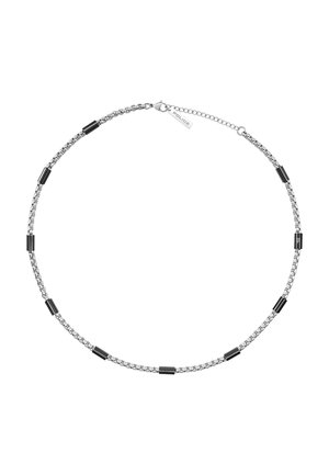 Silver chain necklace with black cylindrical beads evenly spaced, featuring a small "POLICE" tag near the clasp on a white background.