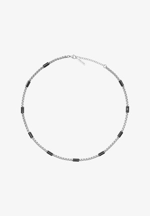 Collana a catena d'argento con perline cilindriche nere distribuite uniformemente, con una piccola targhetta "POLICE" vicino alla chiusura, su sfondo bianco.