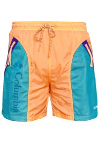 Barevné plavkové šortky s oranžovým hlavním tělem, akvamarínovými síťovanými bočními panely, fialovými akcenty a stahovacími šňůrkami v pase se zipovými kapsami.